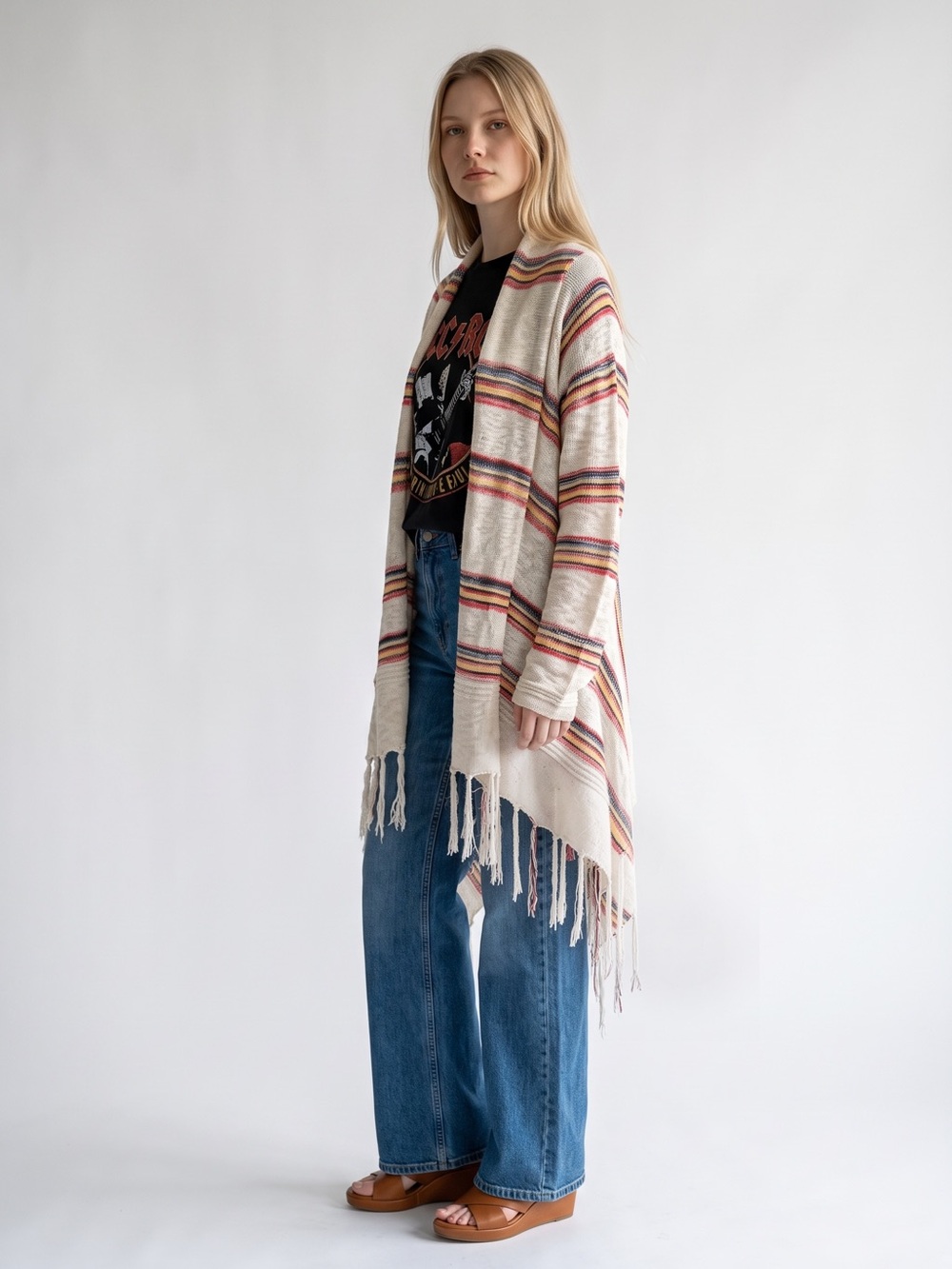 RXB Cream Open-Front Fringe Cardigan with Multicolor Stripes - Picture 8 of 8